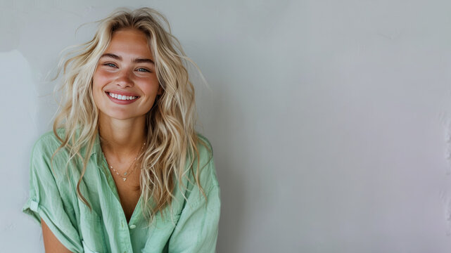Blonde woman wearing green shirt smiling laugh out loud isolated on grey