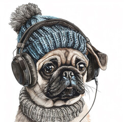 Illustration of a pug puppy in a knitted hat with headphones isolated on white for t- shirt, mug prints or labels