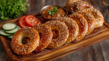 A tray of Turkish simit, sesame-encrusted bread rings, displayed on a wooden board, with a small bowl of olive paste and slices of cucumber  - Powered by Adobe