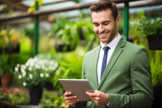 young attractive successful caucasian businessman in suit using computer tablet in greenhouse