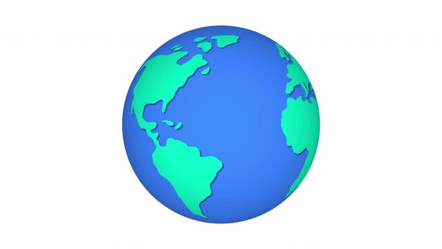 Flat design of spinning Earth isolated on white background. Planet Earth Animation. Looped world planet with hand drawn doodle world map texture.