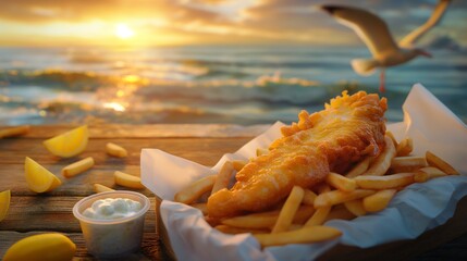 a colorful picture of a traditional fish and chips dish presented on a rustic wooden table with a boardwalk along the beach in the backdrop. The food is served in a white paper wrap. 