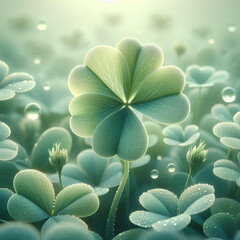 Four leaf clover with dew on green clover meadow background