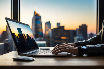 businessman working on laptop at sunset