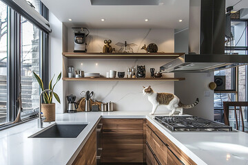 A modern kitchen with cat wall shelves integrated into the cabinetry, creating a seamless and...