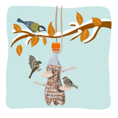 Illustration of a plastic bottle that has been sustainably converted into a bird feeder