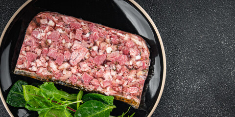 meat terrine slice pate Campagne meat loaf pork meat pie tasty fresh healthy eating cooking appetizer meal food snack on the table copy space food background