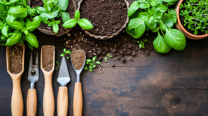 Gardening tools, soil and plants, on wooden table; view from above;