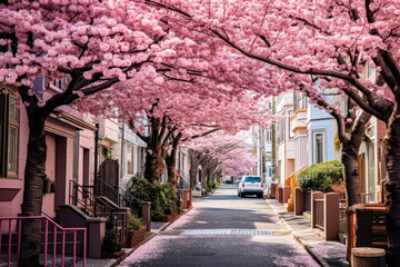 A charming street adorned with blooming cherry blossoms in spring, creating a picturesque scene of natural beauty and seasonal renewal.