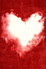 Red abstract grunge retro background with white tragic heart.