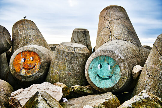 Concrete tetrapod wave breakers in Praia da Costa Nova, Aviero, Portugal, Europe