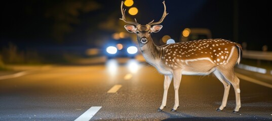 Night road hazards  majestic deer near forest, wildlife dangers for transport, with text space.