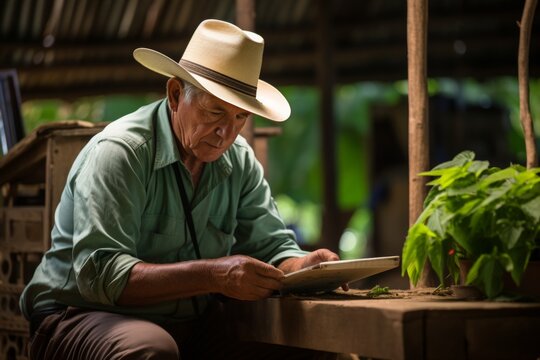 Senior male farmer using digital tablet in agricultural greenhouse for monitoring and control