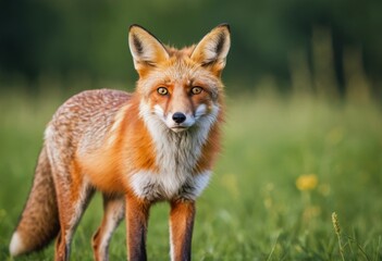 Red fox, vulpes vulpes, standing on a meadow and looking to camera. Blurred green background in summer forest - obrazy, fototapety, plakaty