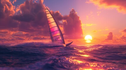 A bright sunset behind a windsurfer skimming the surface of the ocean at top speed, the sail billowing in the wind. 