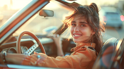 Portrait of a beautiful and smiling girl driving a car