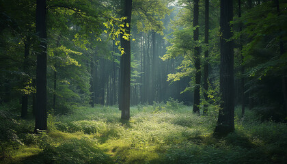 Tall forest trees with sunlight filtering through dense foliage - wide format
