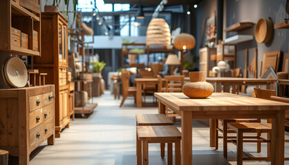 Wooden furniture display in a cozy carpentry showroom - wide format - obrazy, fototapety, plakaty