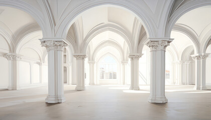 Fototapeta na wymiar the white hall with many gothic arches 