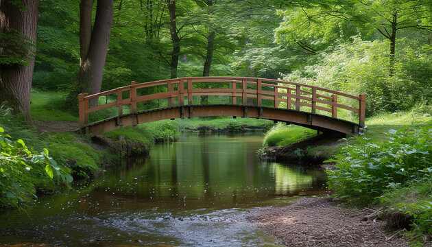 Wooden bridge arching gracefully over a calm forest stream - wide format