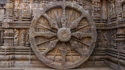 rock artwork of ancient period tire Konark Chakra of Sun Temple, India