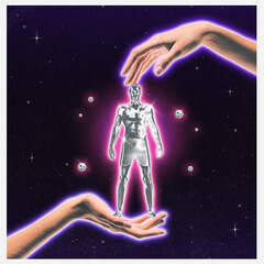 Poster. Modern aesthetic artwork. Hands holds human in silver costume against cosmic, starry background. Futuristic art style. Concept of space, metaverse, space exploration, technology. Retro wave