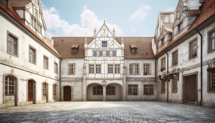 Fototapeta premium the front facade of a medival palace in a city of Europe background