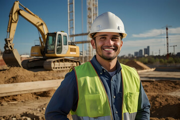 Joyful Construction Worker with Hardhat Smiles Amidst Worksite Activities
