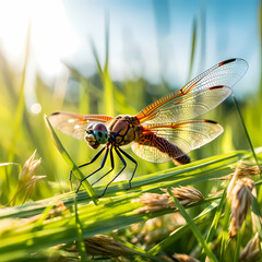 Close-up of a dragonfly on a blade of grass.