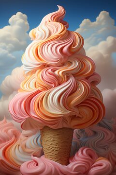 Captivating Whirlpools: A photographic image of an ice cone adorned with a spinning tornado ice cream bathed in luminous colors.