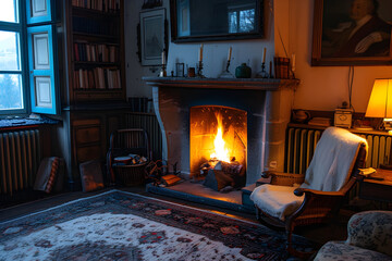 fireplace in the living room. cozy country house. tourism, travel, spending time with family. holidays, family visit