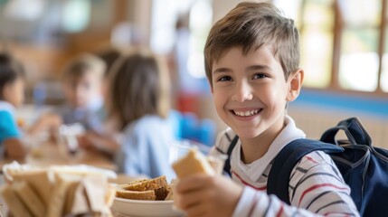 smiling european schoolboy eating his school lunch in the canteen, with a backpack on the back, school meals day