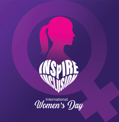 International women's day concept poster. Woman sign illustration background. 2024 women's day campaign theme- #InspireInclusion typo vector. - obrazy, fototapety, plakaty
