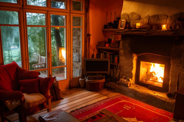 fireplace in the living room. cozy country house. tourism, travel, spending time with family....