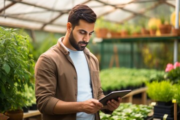 Young bearded male farmer using digital tablet to monitor growth of plants in his greenhouse