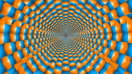 Vibrant optical illusion illustration of dynamic colored spiraling square moire pattern