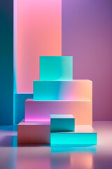 Empty podiums for product placement in the style of minimalism with neon light glow on pastel background.