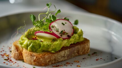 An image capturing the simplicity and elegance of avocado toast, with creamy mashed avocado on a...