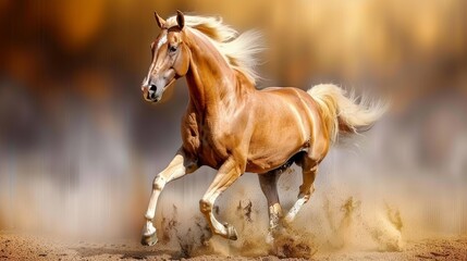 A stunning horse in full stride on a sandy beach at sunset, offering ample room for text placement