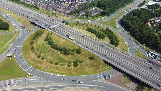Traffic at a highway junction at Zwolle where the A28 highway runs through the city in Overijssel, The Netherlands.