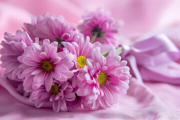 a group of beautiful pink flowers with bow on a pink 