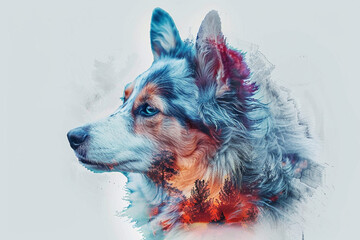 Blue corgimerle double exposure. Photos, illustrations and drawings