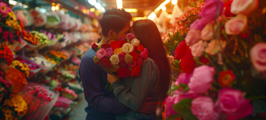 In a vibrant flower market, a couple kisses and admires bouquets of colorful blooms