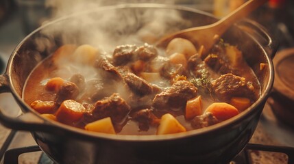 a vision of a thick, flavorful broth encasing tender beef chunks, carrots, parsnips, and potatoes as a rich, hearty beef stew simmers in a cast-iron pot.  - obrazy, fototapety, plakaty