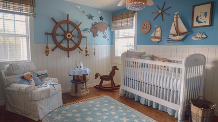 A nautical-themed nursery with a crib, a rocking horse, and a ship wheel. The crib is white and has a blue and white striped bedding and a mobile with some fish and stars on it. 