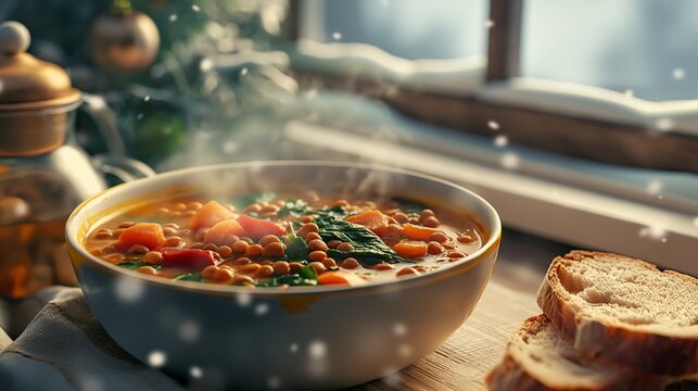 An image of a steaming bowl of vegetarian lentil soup, rich with lentils, diced tomatoes, carrots, and spinach, served with a slice of crusty bread on the side. 