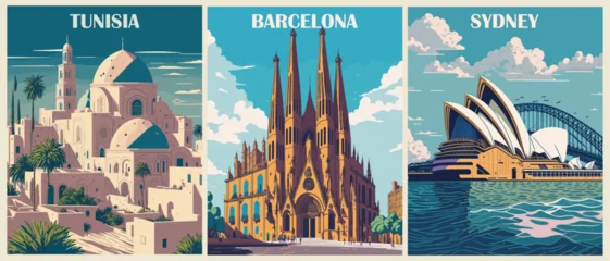 Poster Set of Travel Destination Posters in retro style. Tunisia, Barcelona, Spain, Sydney, Australia prints. Exotic summer vacation, international holidays concept. Vintage vector colorful illustrations. © Creative_Juice_Art