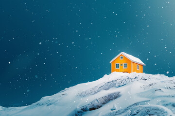 Naklejka premium A small house on top of a snowy hill.