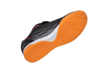 Black leather sneaker with polyurethane sole on a white background.