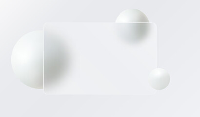 Glass morphism landing page with square frame. Vector illustration with blurry floating spheres in white.